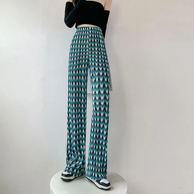 Pantalones rectos con estampado de celosía rómbica para mujer, pantalón plisado Harajuku, cintura alta elástica, tendencia