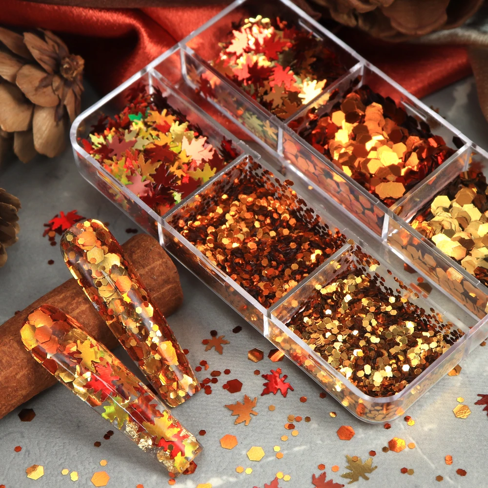 الخريف مسمار الفن بريق الترتر الخريف مابل ليف pailletes مانيكير الديكور لامع اللون مسدس الترتر الأظافر اكسسوارات #1