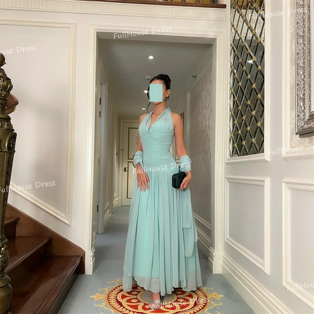 

Custom Made Classic Halter Chiffon Tiered Pleated A-line Evening Dress Backless Long Party Dress for Bridal ساتين سهره