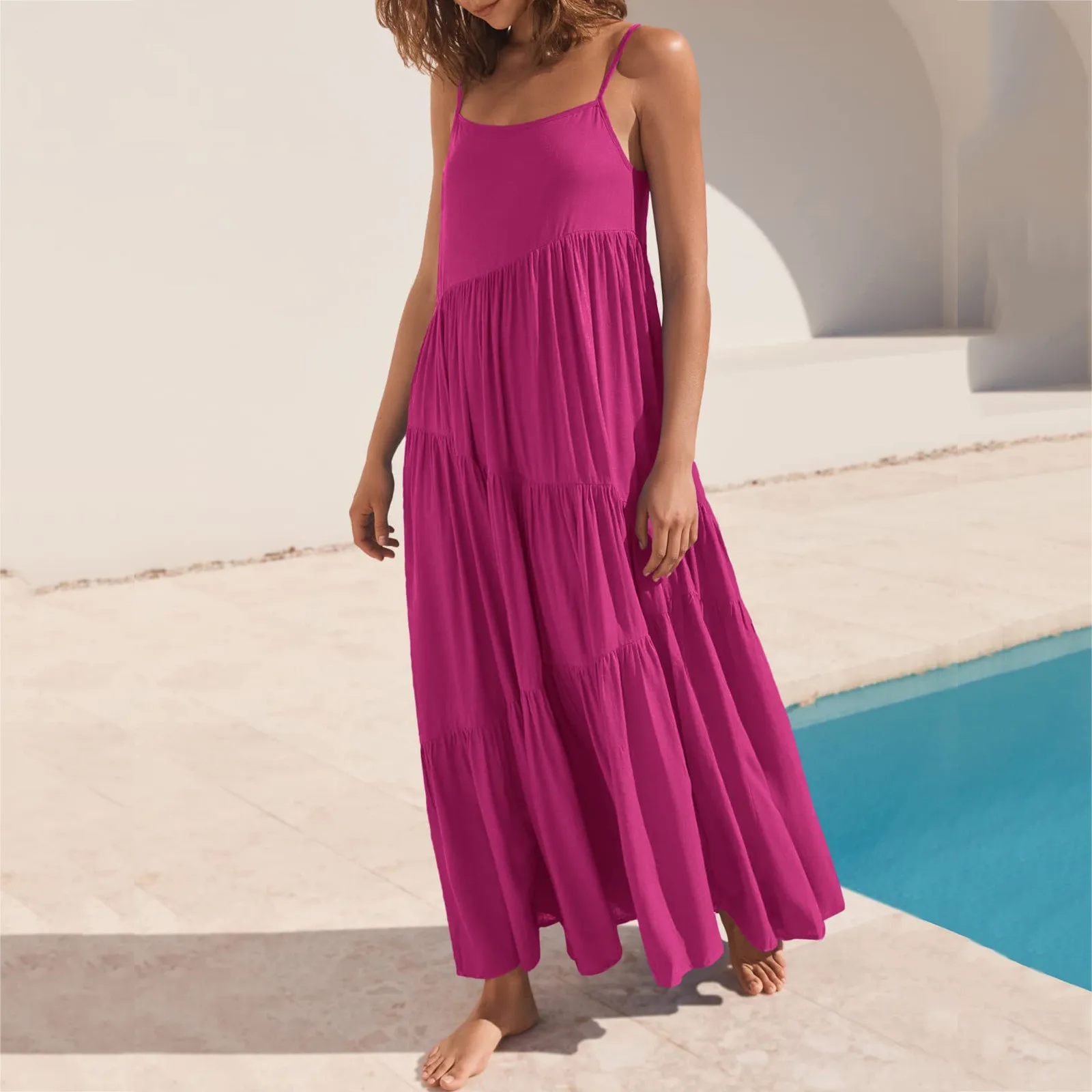 Women Summer Vacation Casual Pleated Loose Backless Dress Sexy Hot Pink Spaghetti Strap Beach Cover Up Long Cami Maxi Dresses