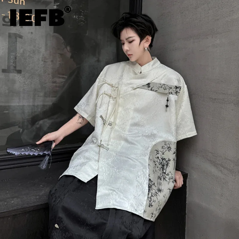 

IEFB Men's Shirt New Chinese Style Oblique Placket Metal Buckle Design Niche Design Short Sleeve Patchwork Male Top Tide 28W3301