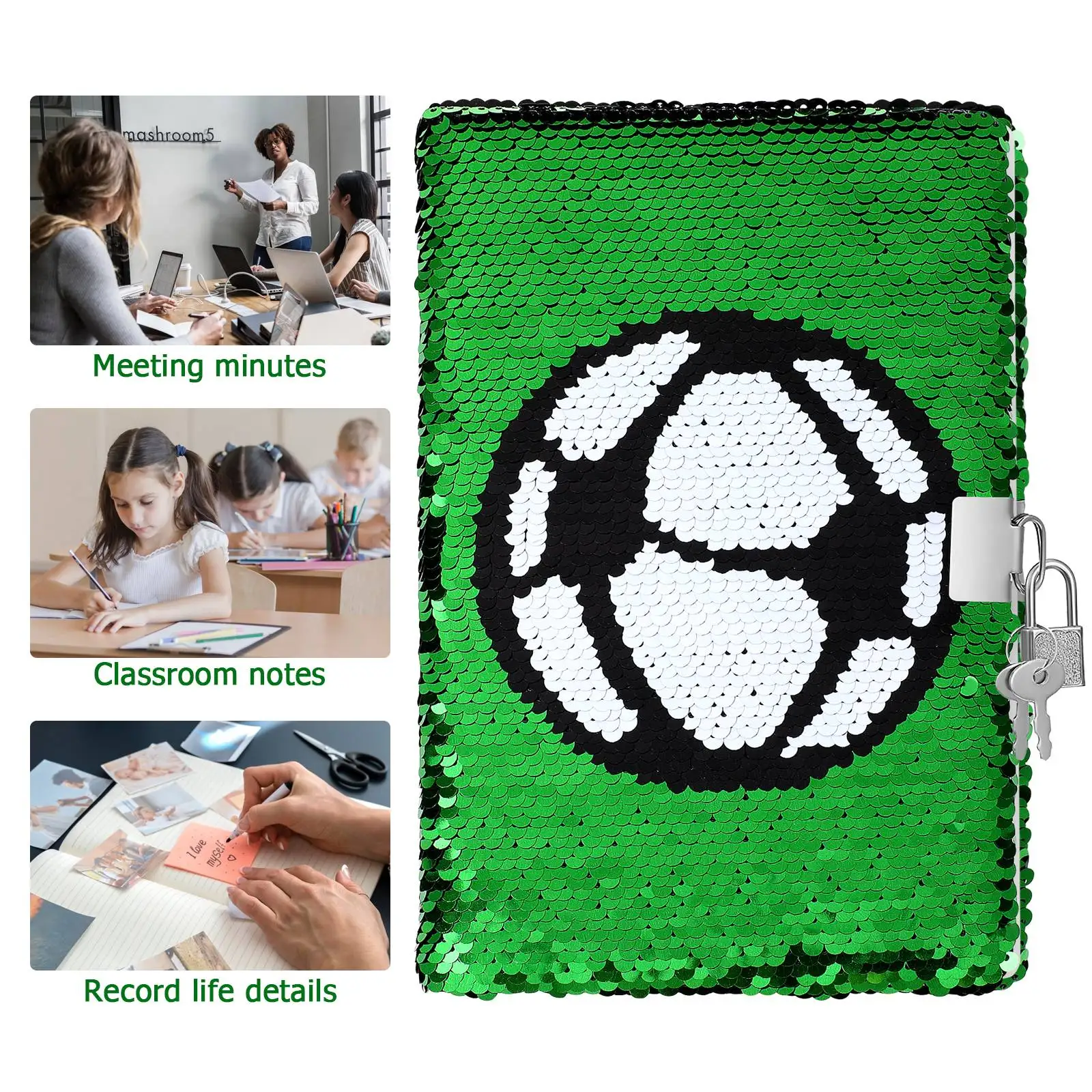 Football Notebook with Lock Sequin Notepad Table Diary Journal Office Notebooks