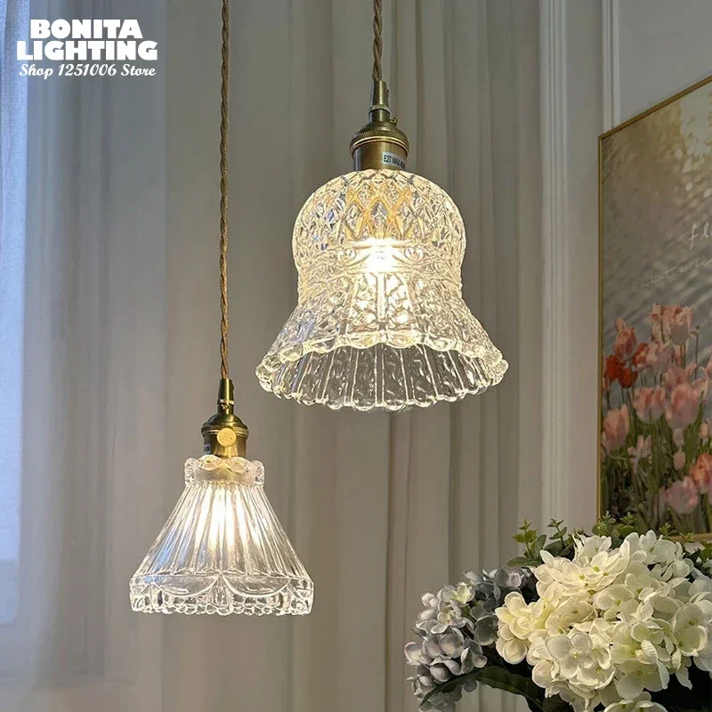 

Retro H65 Brass Engraved Glass Pendant Lamp Led Flower Bud Pleated Skirt Crown Art Carved Cord Droplight Restaurant Bedside