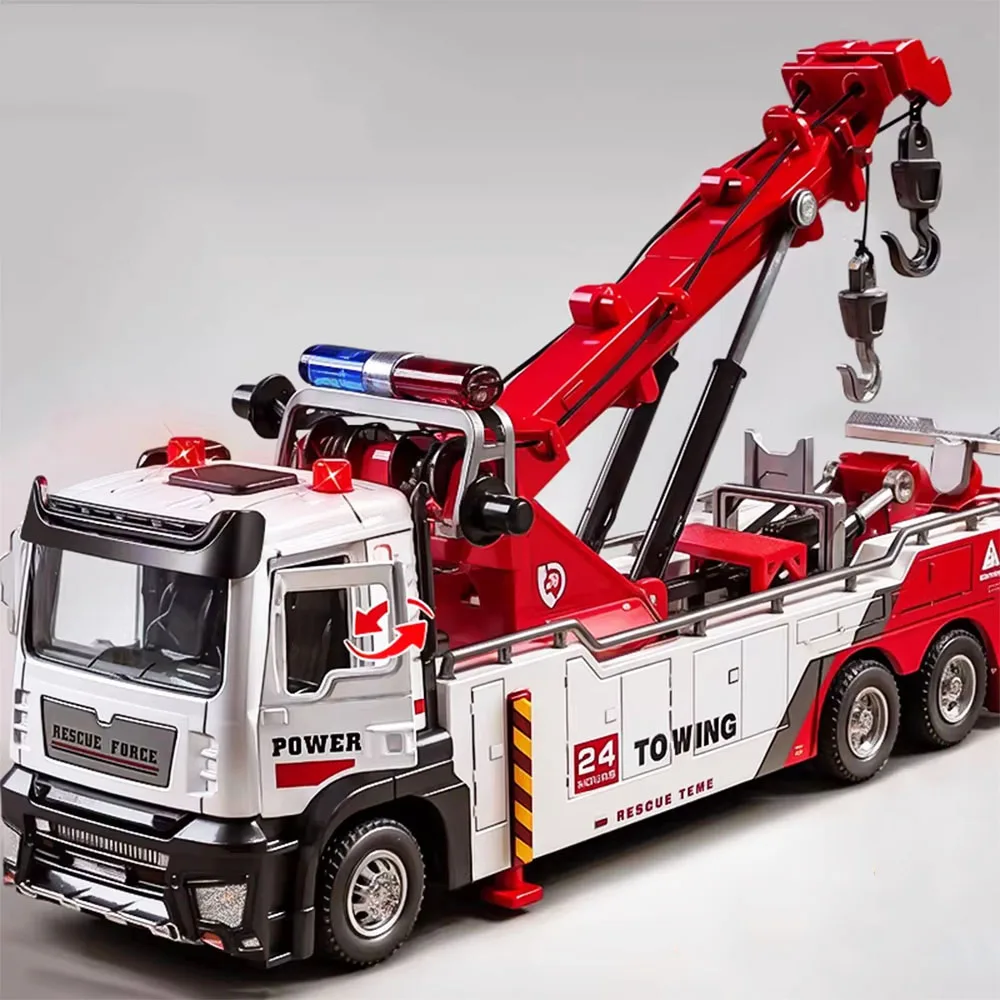 1:32 Dubbele Haak Wrecker Model Speelgoedauto's Metaal Diecast Geluid Licht Deuren Geopend Trek Miniatuur Techniek Voertuig voor Jongens