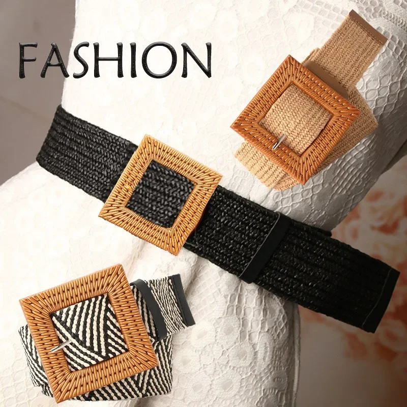 

1Pcs Straw Woven Elastic Belt for Wome Teenager Vintage Wide Stretch Waistband for Dress Boho Ladies Summer Dress Belt