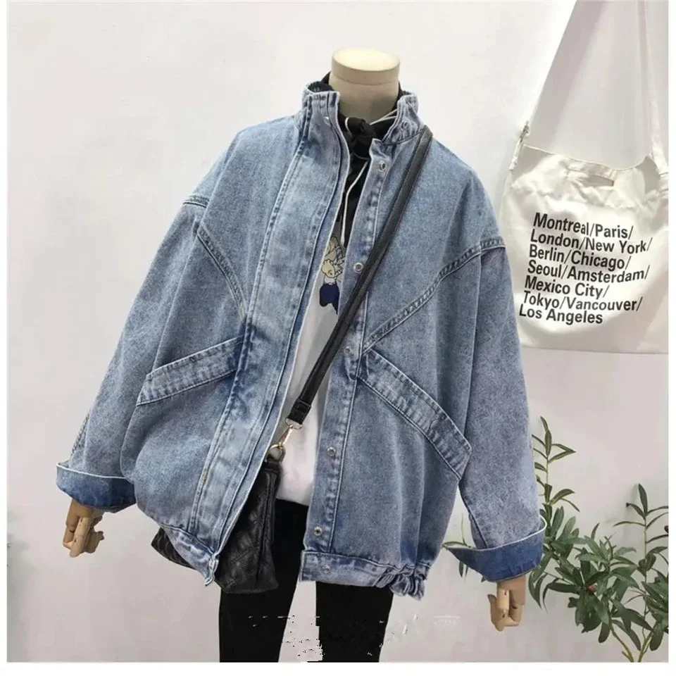 ฤดูใบไม้ผลิและฤดูใบไม้ร่วงใหม่ DENIM Coat หญิงแฟชั่นหลวมแขนค้างคาวกระเป๋าขนาดใหญ่ VINTAGE เครื่องมือกางเกงยีนส์แจ็คเก็ตผู้หญิง Outerwear T494