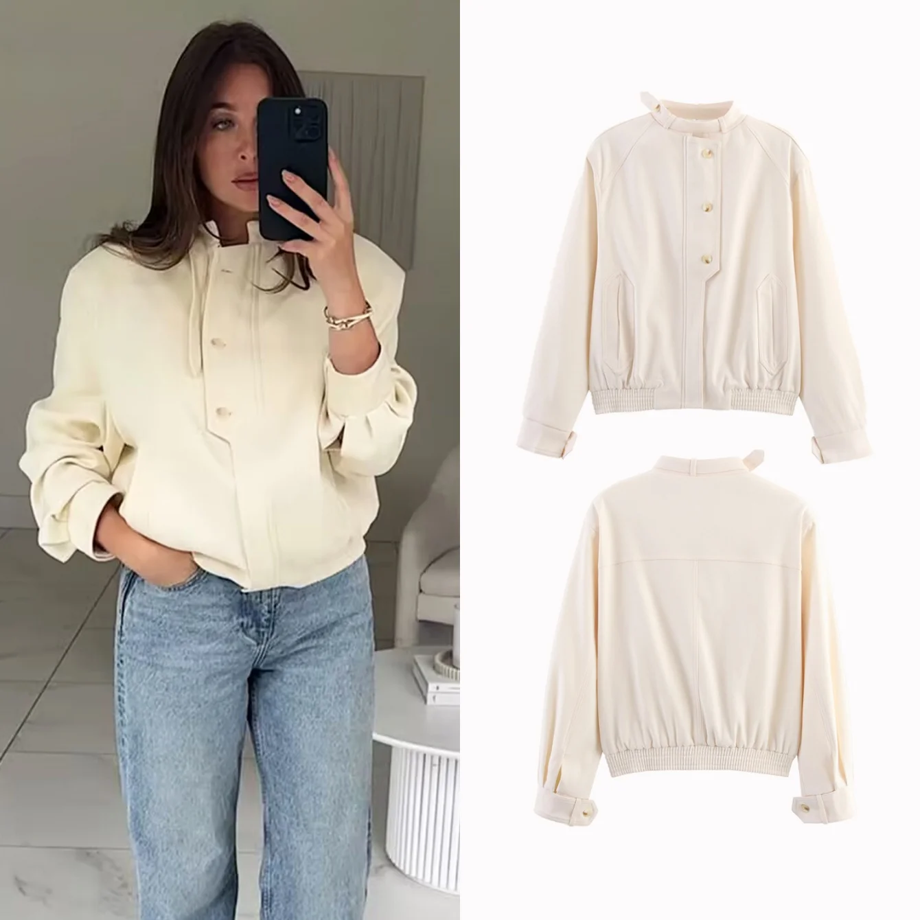 

Women's Bomber Short Jacket Coat Autumn Winter Button Daily Commute Beige Chic Elegant Long Sleeve Lady Fashion Jacket Streetwea