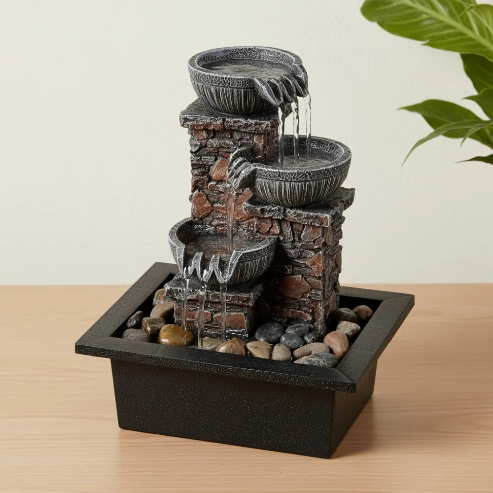 

3-уровневый светодиодный настольный фонтан с успокаивающим звуком водопада - Дзен-медитация, декор для домашнего офиса, релаксация в помещении