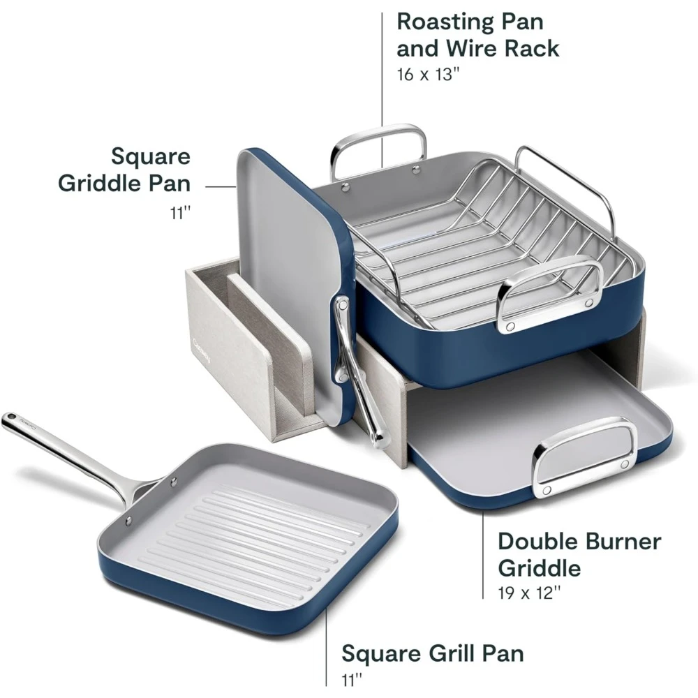 Square Cookware Set-Perfect for Griddling, Toasting and More- Non-Stick Ceramic Coated Pans - Non Toxic, PTFE & PFOA Free - Navy