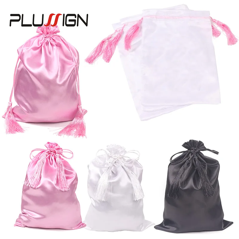 Sacs de perruque en satin soyeux avec pompon, pocommuniste de rangement pour perruque, noir, rose, blanc, gland de ficelle de proximité pour extensions de cheveux, 1 pièce par lot