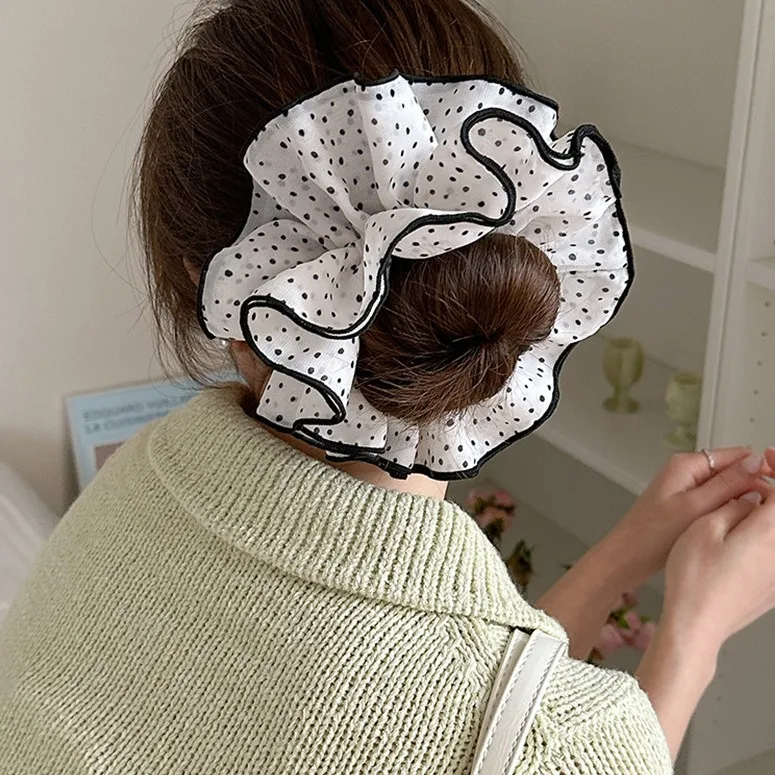 Polka Dot Scrunchie Four Layer Ruffle Elegant French Vintage Premium Hair Tie for Daily Ponytail Home Office