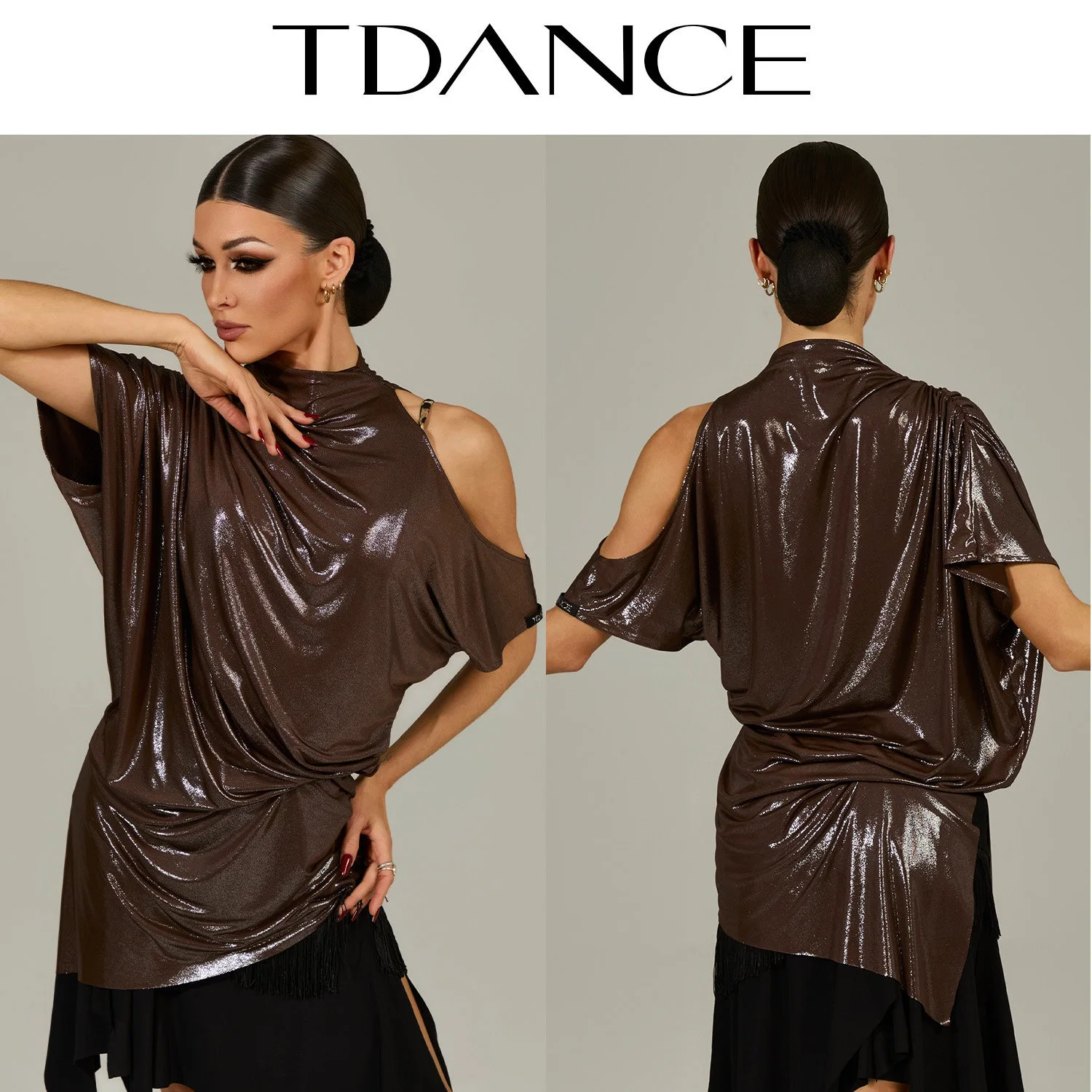 Loose Latin Dance Tops Gossy Brown Short Sleeves Practice Clothes Adult Rumba Chacha Ballroom Dance Costume Teacher Dancewear