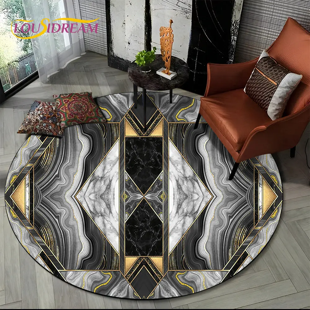 Bstract Geometry Marble Color Gold Round Area Rug, Circle Carpet for Living Room Bedroom Sofa Decor, Kids Floor Mat Kitchen Mat