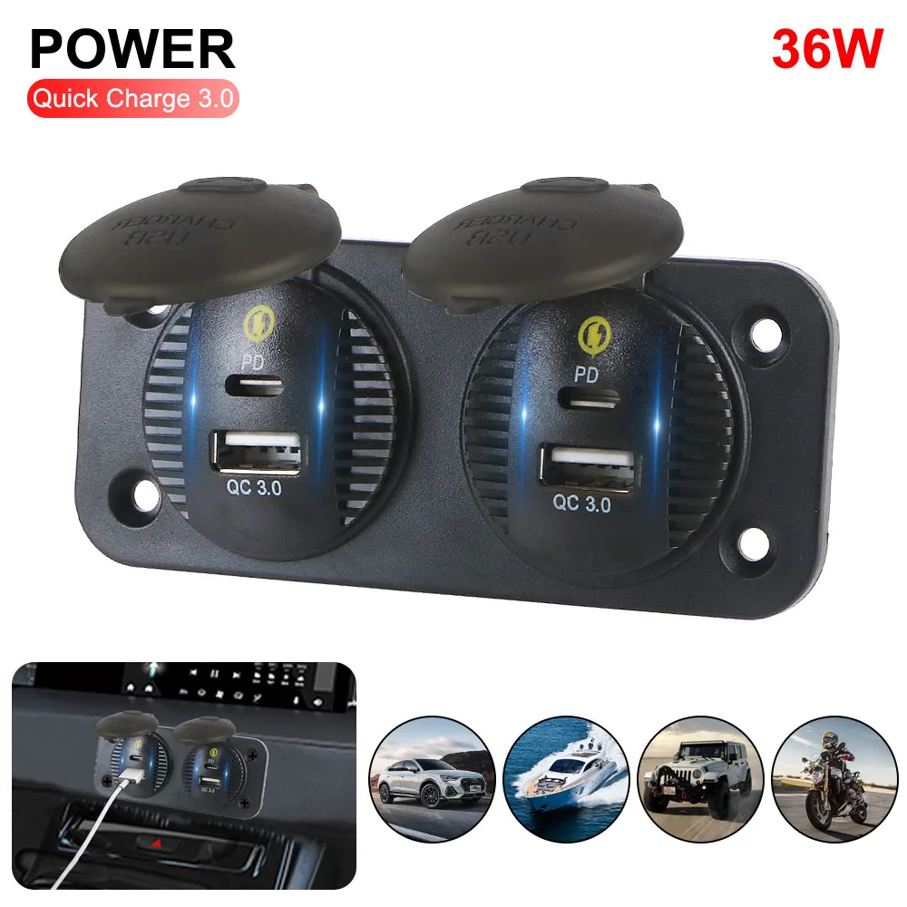 

36W Power Adapter Panel QC3.0 & Type-C 12V/24V Dual USB Quick Charge for Marine Boat Motorcycle Truck Camper Outlet Car Charger