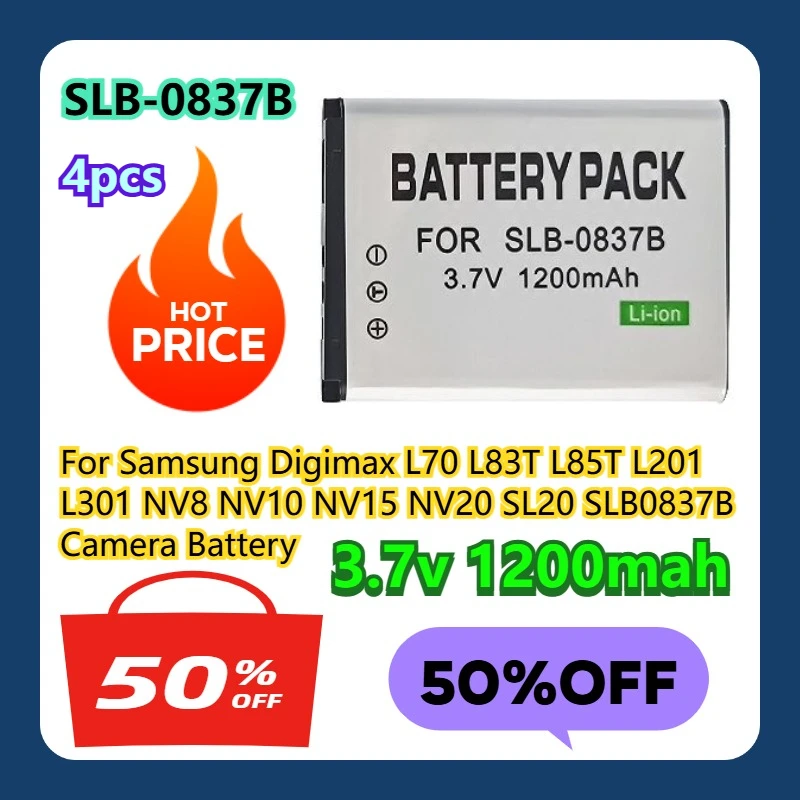 

For Samsung Digimax L70 L83T L85T L201 L301 NV8 NV10 NV15 NV20 SL2013.7v 1200mAh SLB-0837B Camera Battery 4pcs