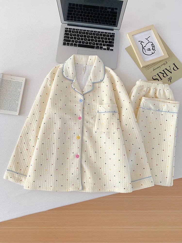 Thiened Long Sve Air Layer Spwear женский комплект домашней одежды с хлопковым наполнителем, теплый сладкий принт в горошек, осень-зима