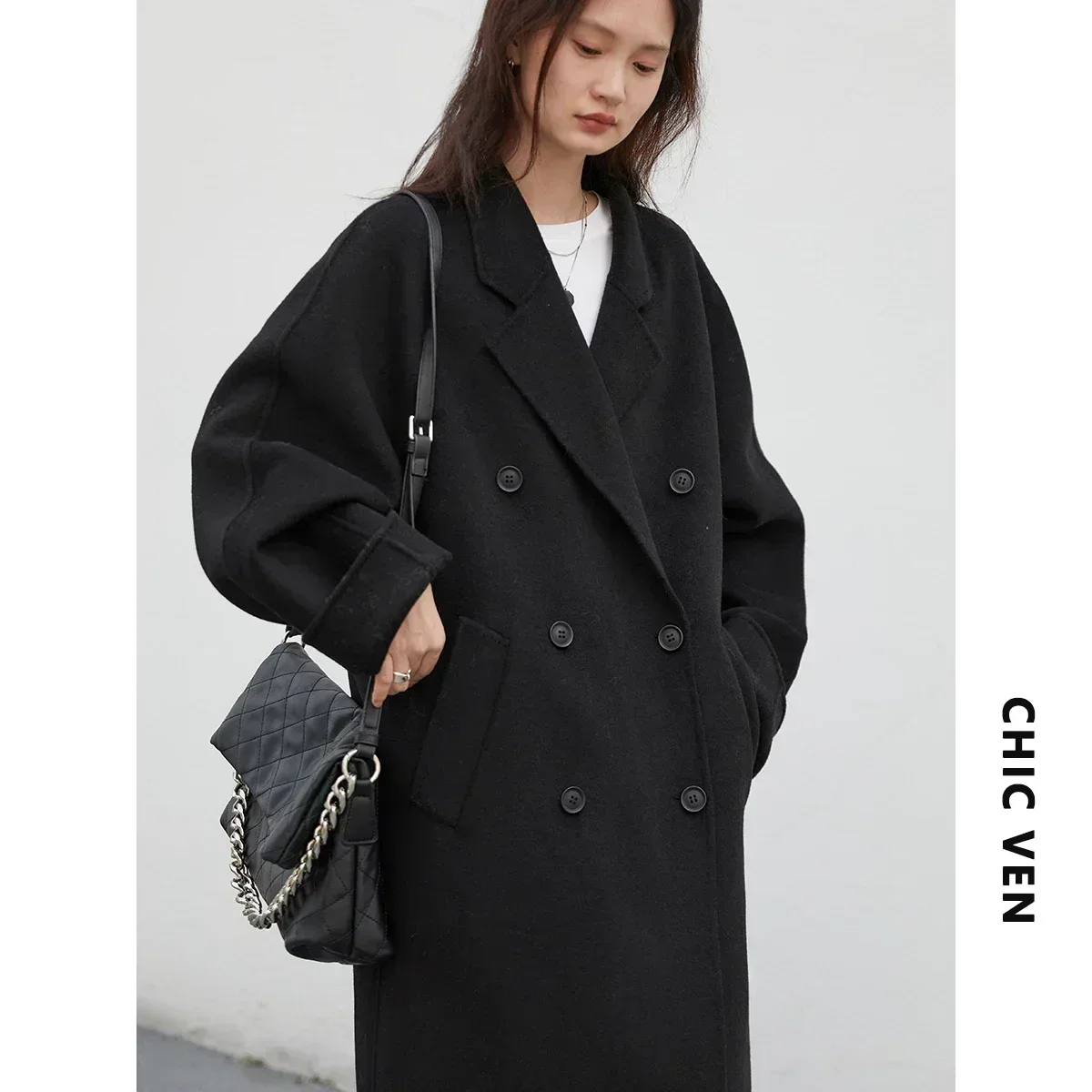 CHIC VEN Women Long Woolen Coats Retro Loose Female Overcoat Double Breasted Ladies Double Sided Topcoat Autumn Winter 2024