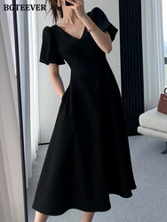 BGTEEVER abito estivo a media lunghezza da donna con scollo a v elegante manica corta abito femminile solido Casual vita sottile abiti da donna A-line