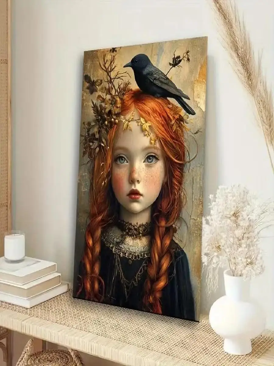 Magical Girl with Reddish Brown Braided Hair and Birds Art Print Canvas Painting Wall Decor Home Decoration Pictures Cuadros