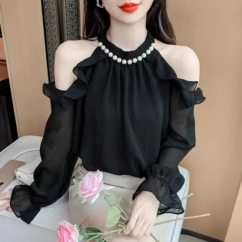 Bluzka damska z falbankami z francuskiego szyfonu, wiosenna, pikantna, z odkrytymi ramionami, typu halter, unikatowa.