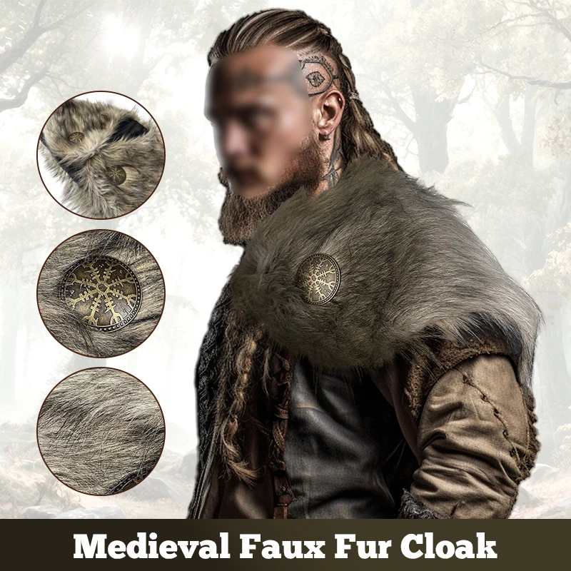 

Medieval Faux Fur Cape Faux Fur Collar King Warrior Fur Cloak Retro Medieval Vikings Dress Up Halloween Cosplay Shoulder Wrap
