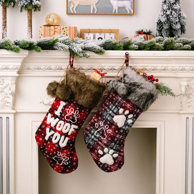 

Navidad 2025 Christmas Decoration Christmas Dog Paw Socks Pet Socks Fur Collar Plaid Christmas Socks Christmas Tree Pendant Xmas