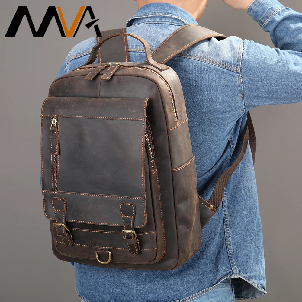 MVA Personalized Leather Backpack Men Travel College Vintage 14