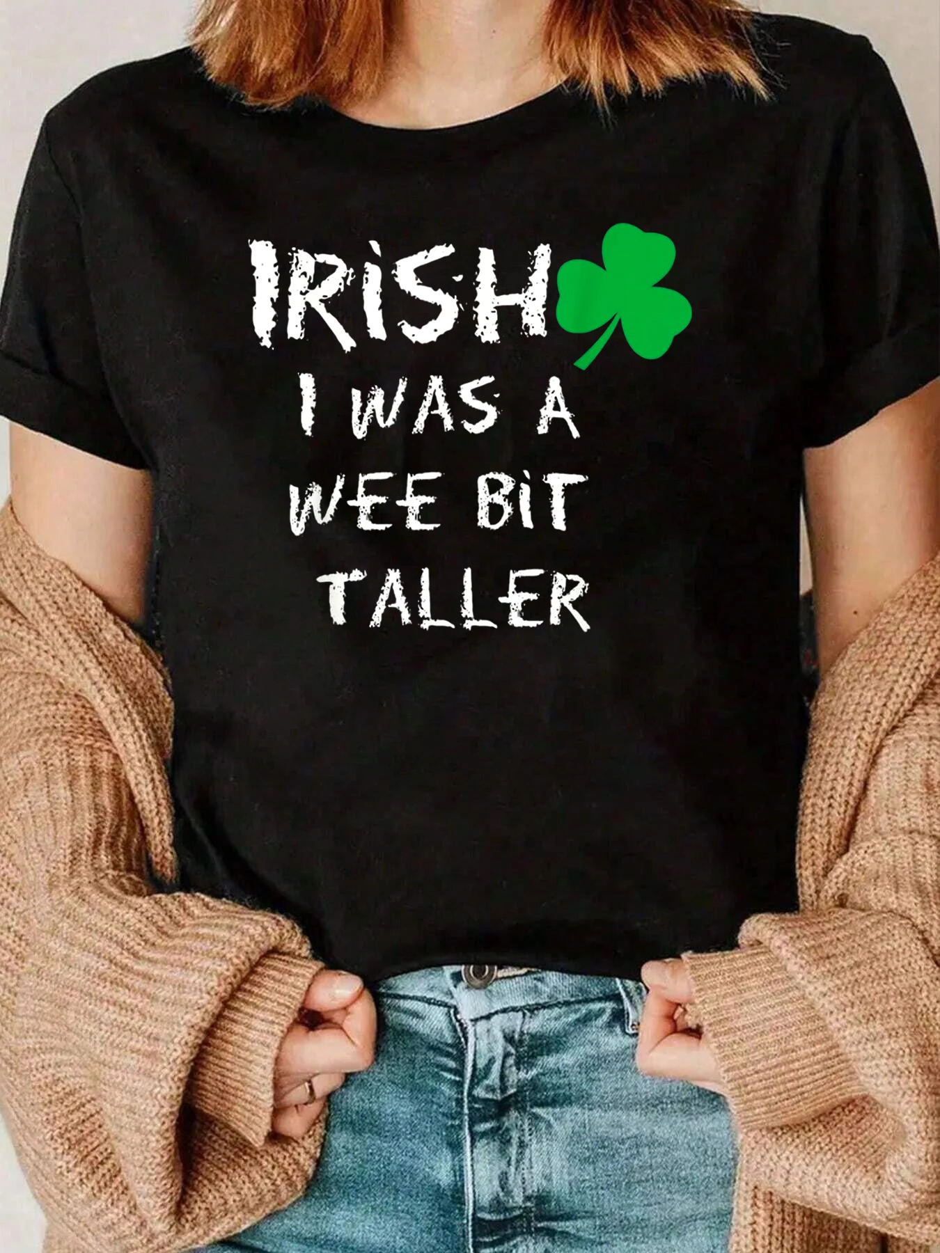Irish I Was A Wee Bit Taller Shamrock Print Crewneck Tee Casual St Patrick's Day Outfit Women 220g