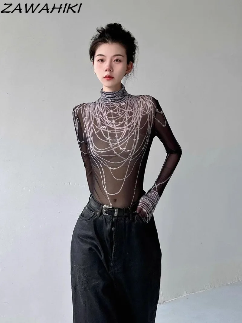 Graphic Long Sleeve T Shirts Women Gauze Transparent Slim Mesh Mock Neck Fashion Y2K Top Female Aesthetic Grunge Sexy Crop Tops