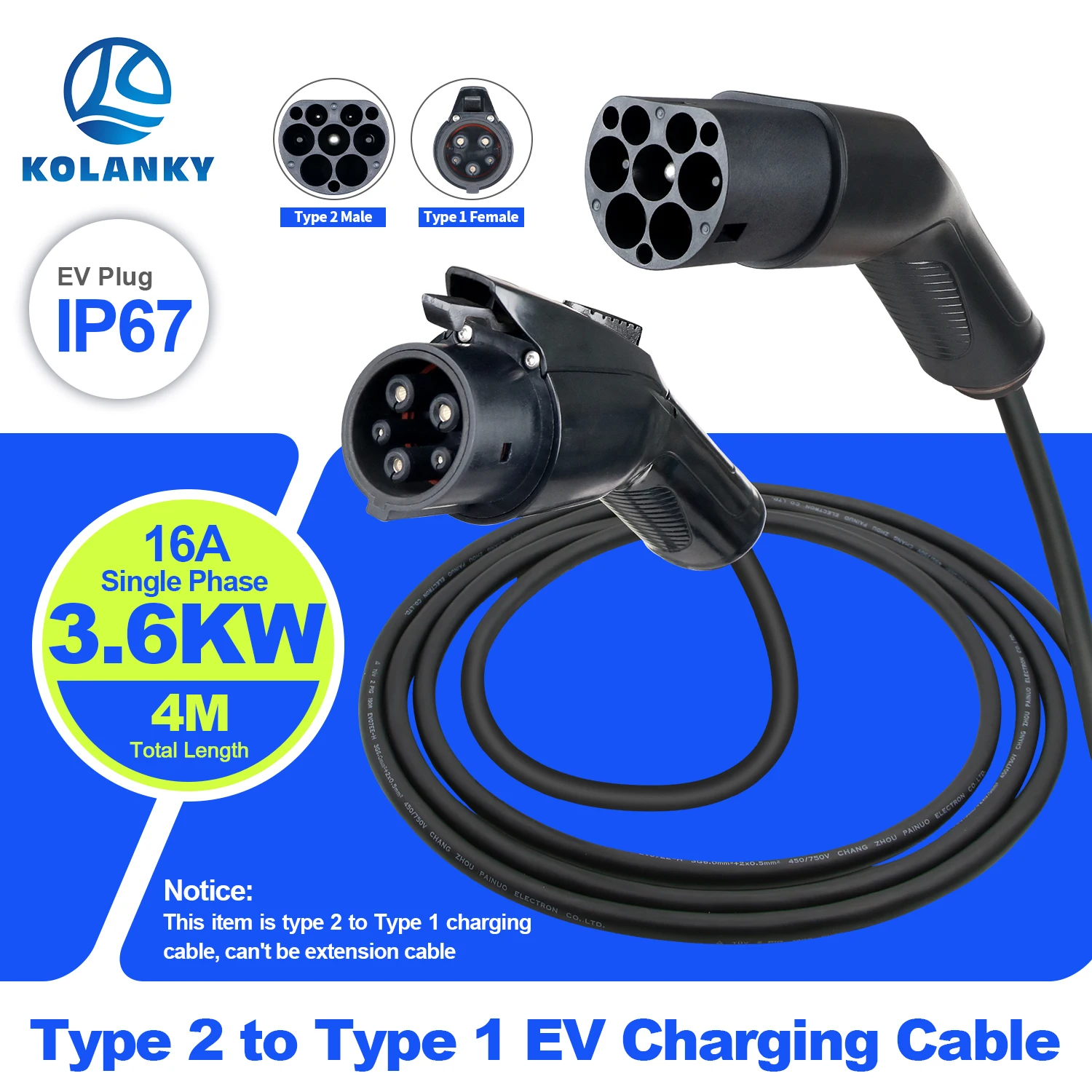Type 1 EV Cable 3.6KW Type 2 Male to Type 1 Female Plug 16A 1P Connect Type 2 Public Station with Socket for Type 1 EVSE Charge
