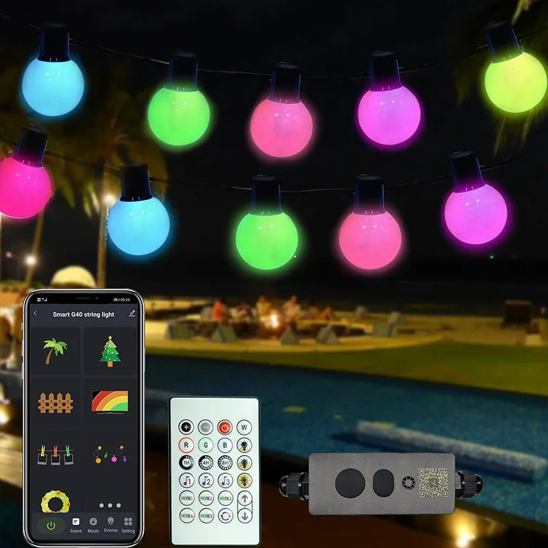 LED G40 Globe Bulb String Lights Outdoor RGB Smart Bluetooth APP Music Fairy Garland Christmas Wedding Garden Decoration Light