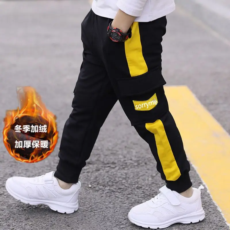 Children's autumn winter pants boys' plush fashionable work pants 2025 new medium and large boys' warm casual sports pants 3-11Y