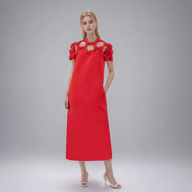 

Solid Elegant Hollow Out Dress For Women Round Neck Short Sleeve High Waist Patchwork Bowknot Chic Dresses Female