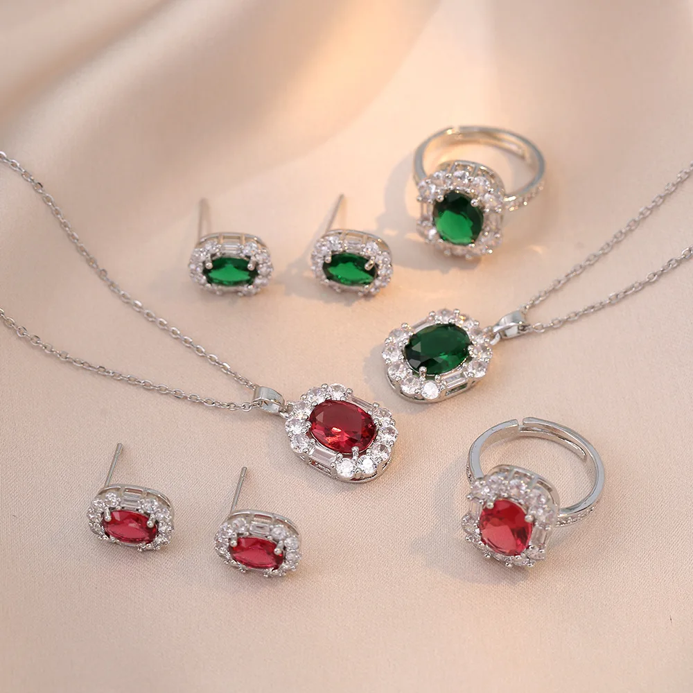 Oval Red Green Stone Square Stud Earrings Ring Pendants Clavicle Necklaces For Women Silver Color Zircon Bridal Jewelry Sets CZ