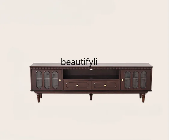 French Pure Solid Wood TV Cabinet Small Apartment Retro Simple Living Room TV Cabinet and Tea Table Combination Home Floor