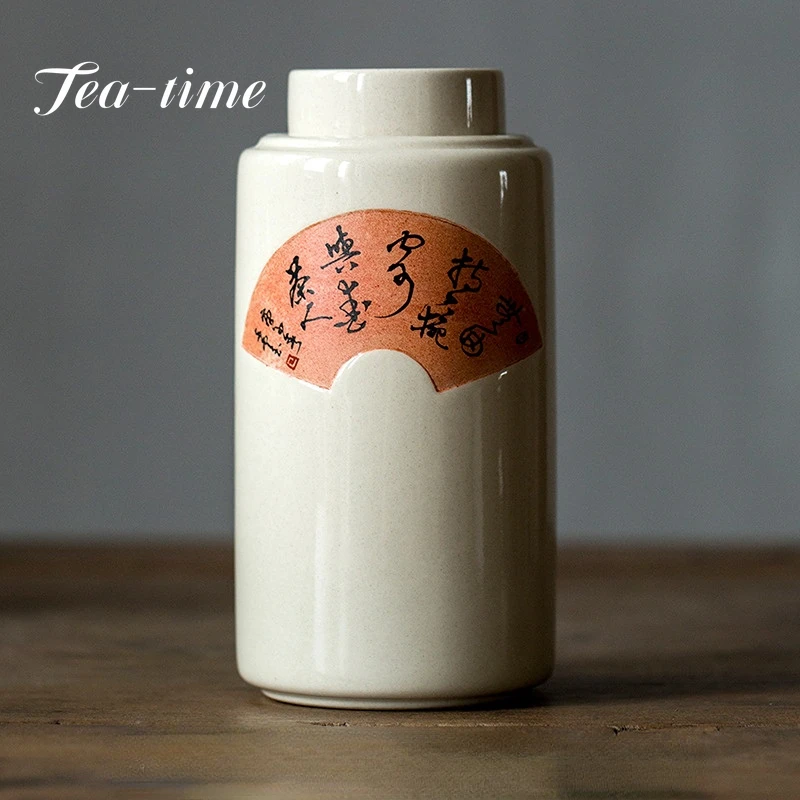 

Retro Herbal Ash Glazed Tea Pot Hand-painted Calligraphy Tea Warehouse Sealed Storage Tank Household Kung Fu Pu'er Tea Jar Caddy