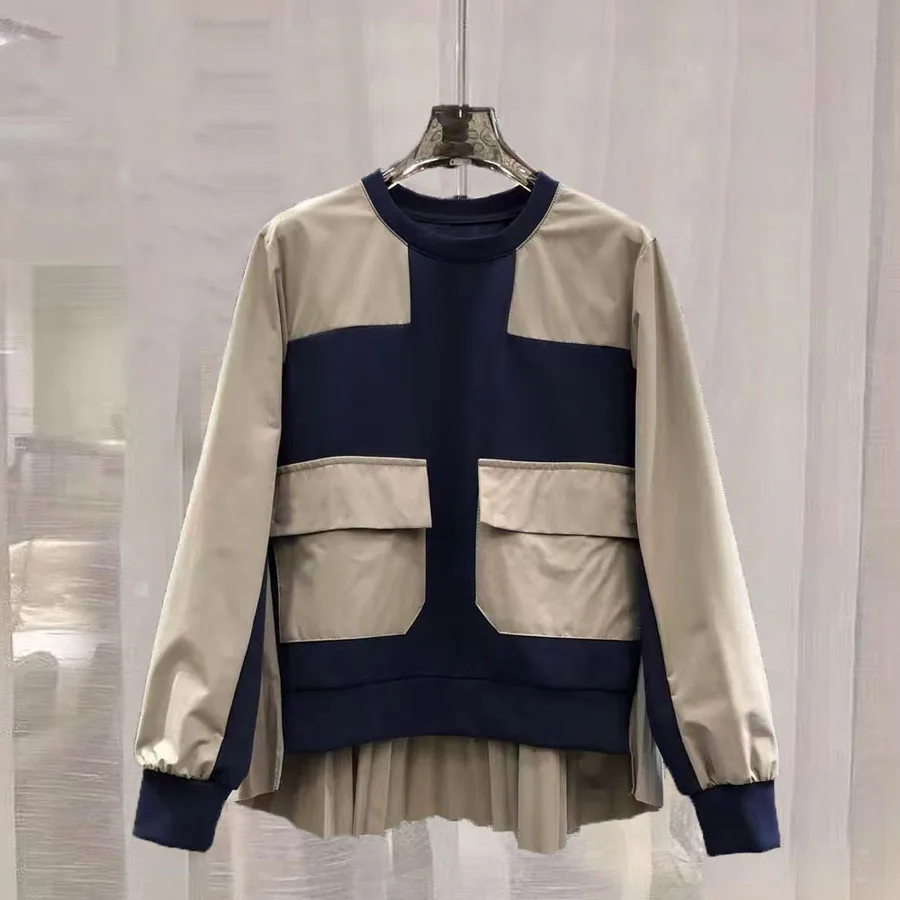Autumn New Style Women's Hoodie Long Sleeve round Neck Overhead Color Block Design with Lace Trim Large Pocket Customization