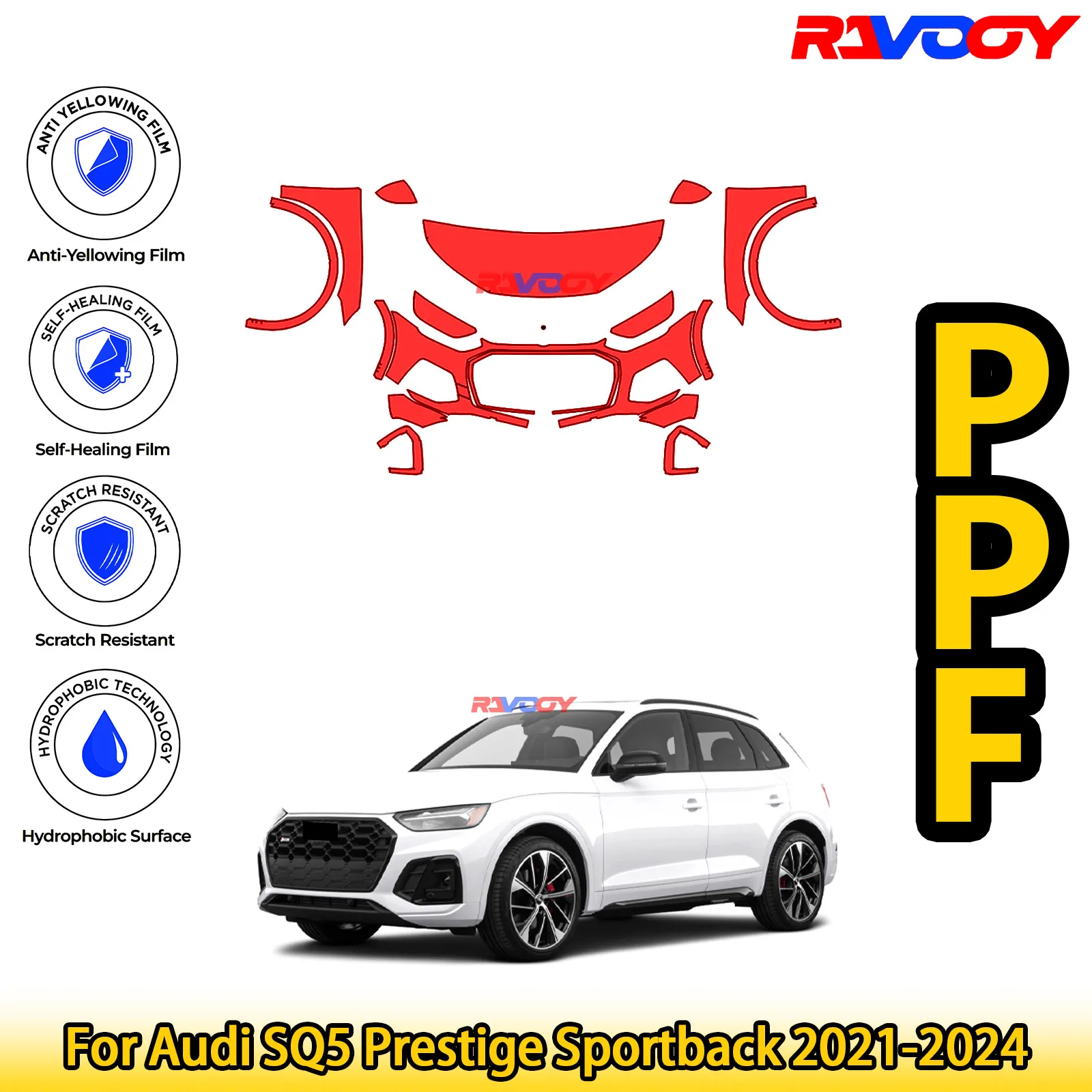 

Для Audi SQ5 Prestige Sportback 2021-2024 глянцевый матовый черный предварительно вырезанный передний комплект PPF, защитная пленка для краски