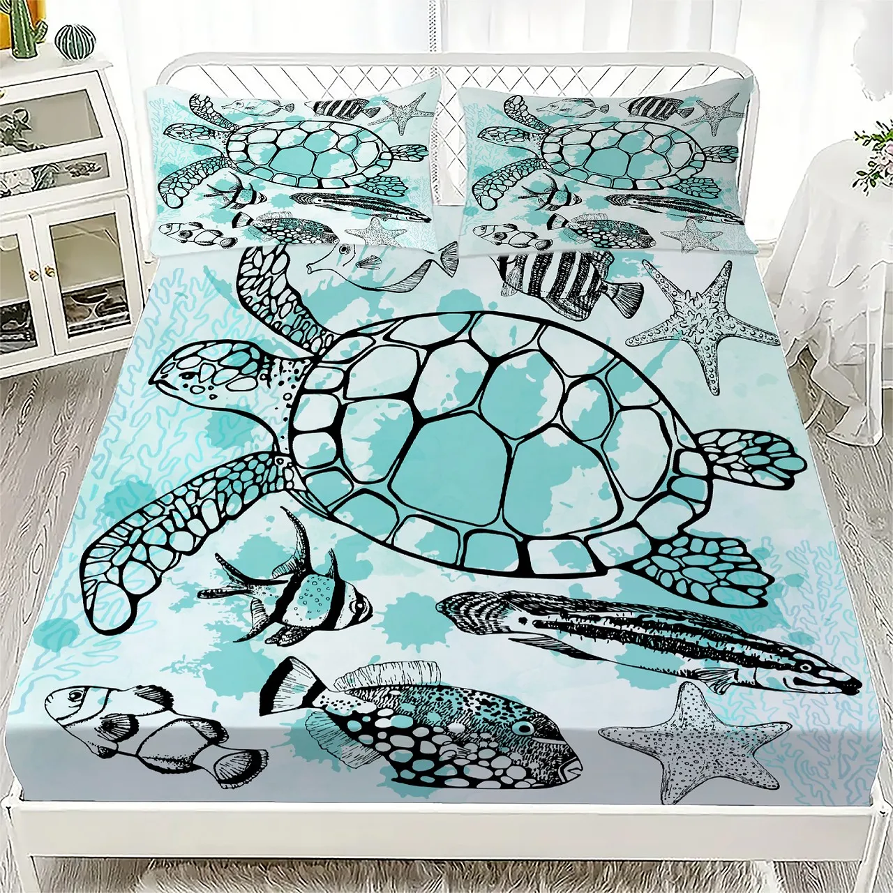 

Underwater Ocean Theme Bed Sheet Set Blue White Coral Turtle Seashell Print 100% Cotton Fitted Sheet Breathable for Kids Room