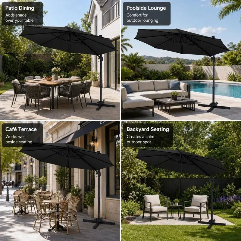 Parasol déporté gris 3 x 3 m 8 baleines renforcées, rotation à 360° ° 6 positions d'inclinaison, ouverture fluide par manivelle, structure en aluminium antirouille, toile imperméable anti-UV résistante aux UV, convient pour terrasse, jardin et bord de piscine, socle.