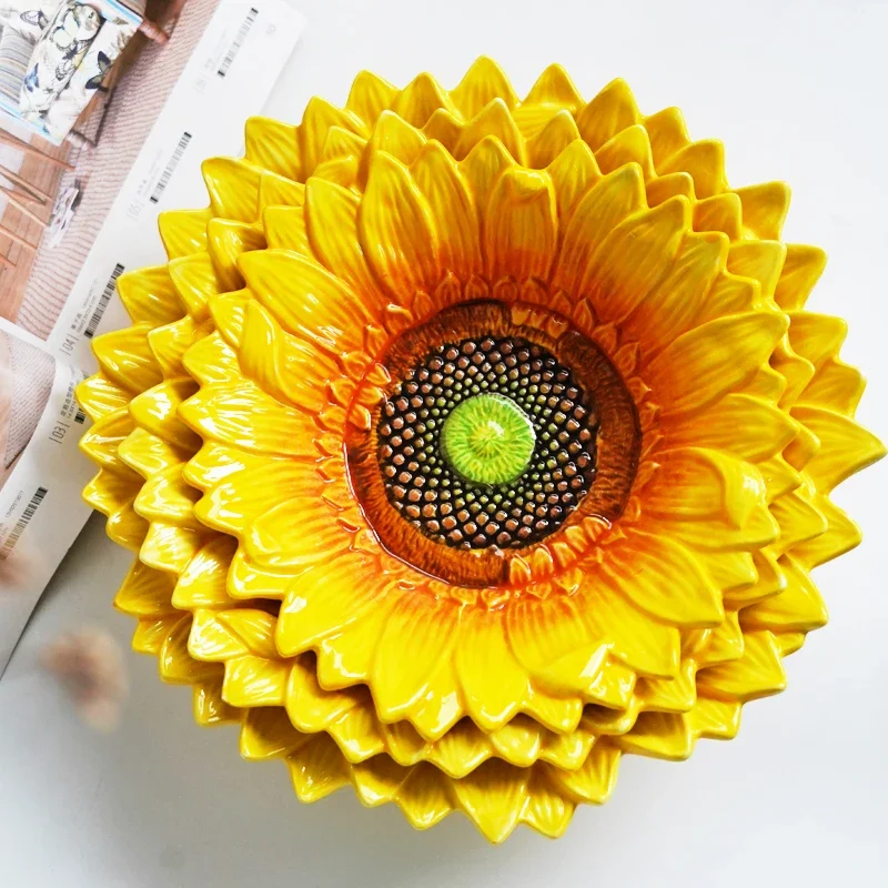 American Garden Sunflower Ceramic bowl Fruit salad bowl snack Dessert plate Hand painted underglaze home decoration plate