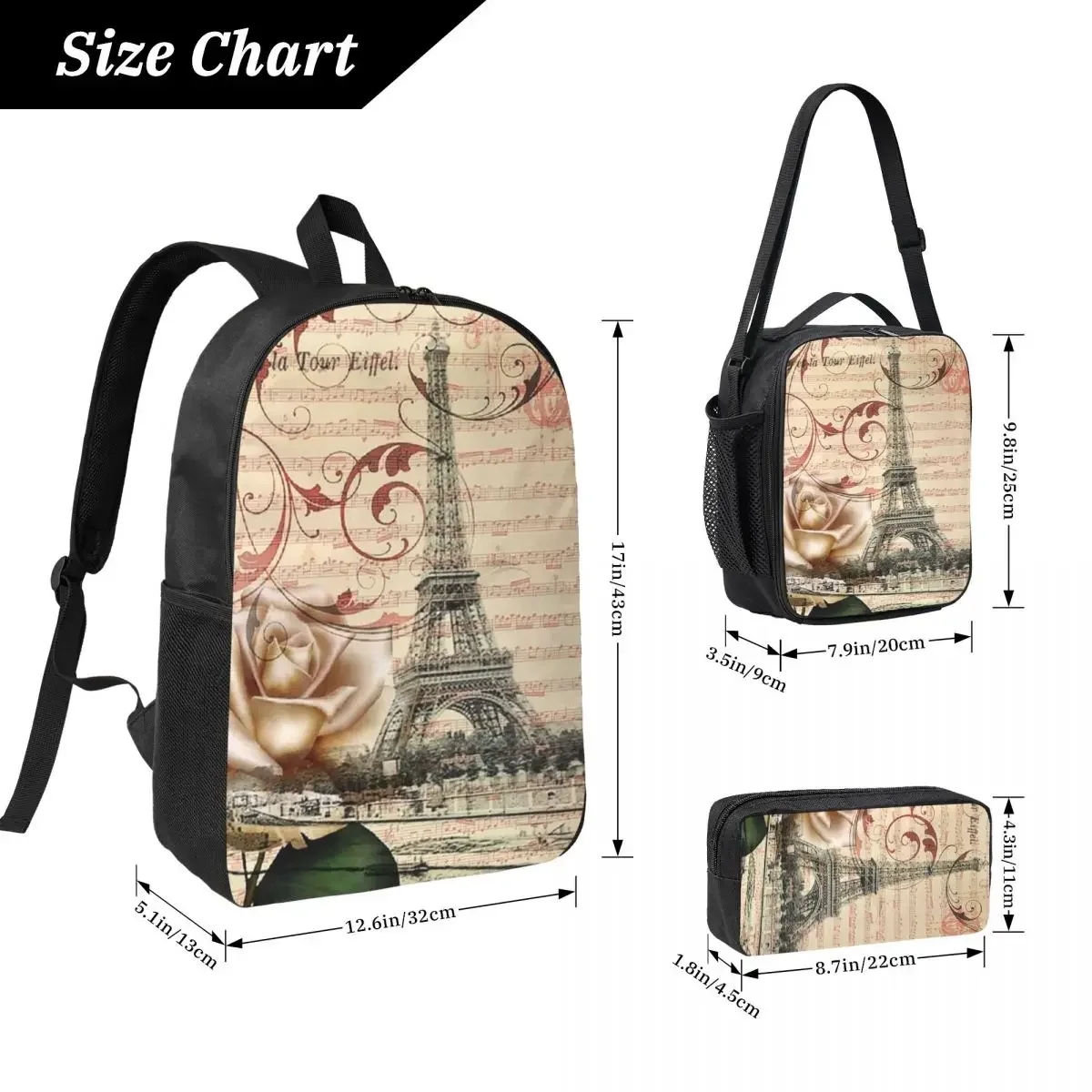 Dark Academia French Botanical White Rose Paris Eiffel Tower Backpack BookBag School Bag 3ps Insulated Lunch Bag Pencil Case
