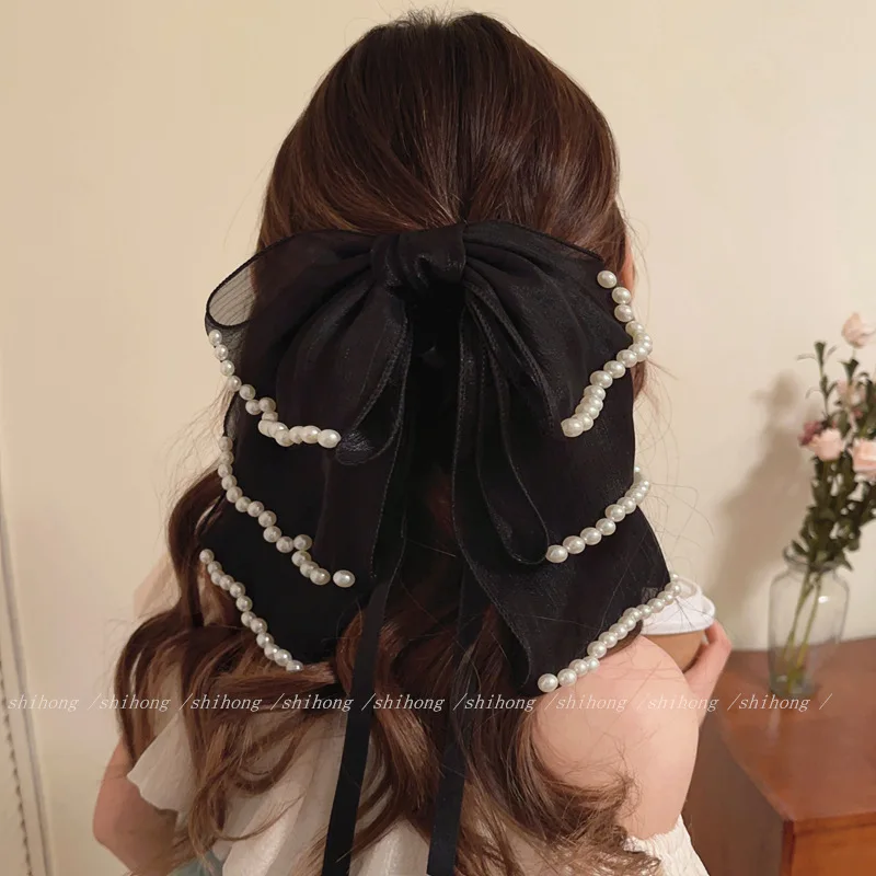 

Fashion Fabric Ribbon Black Long Floating Band Grip Clip Pearl Bow Grip Clip Female Women Girl Shark Clip Headdress Accessories