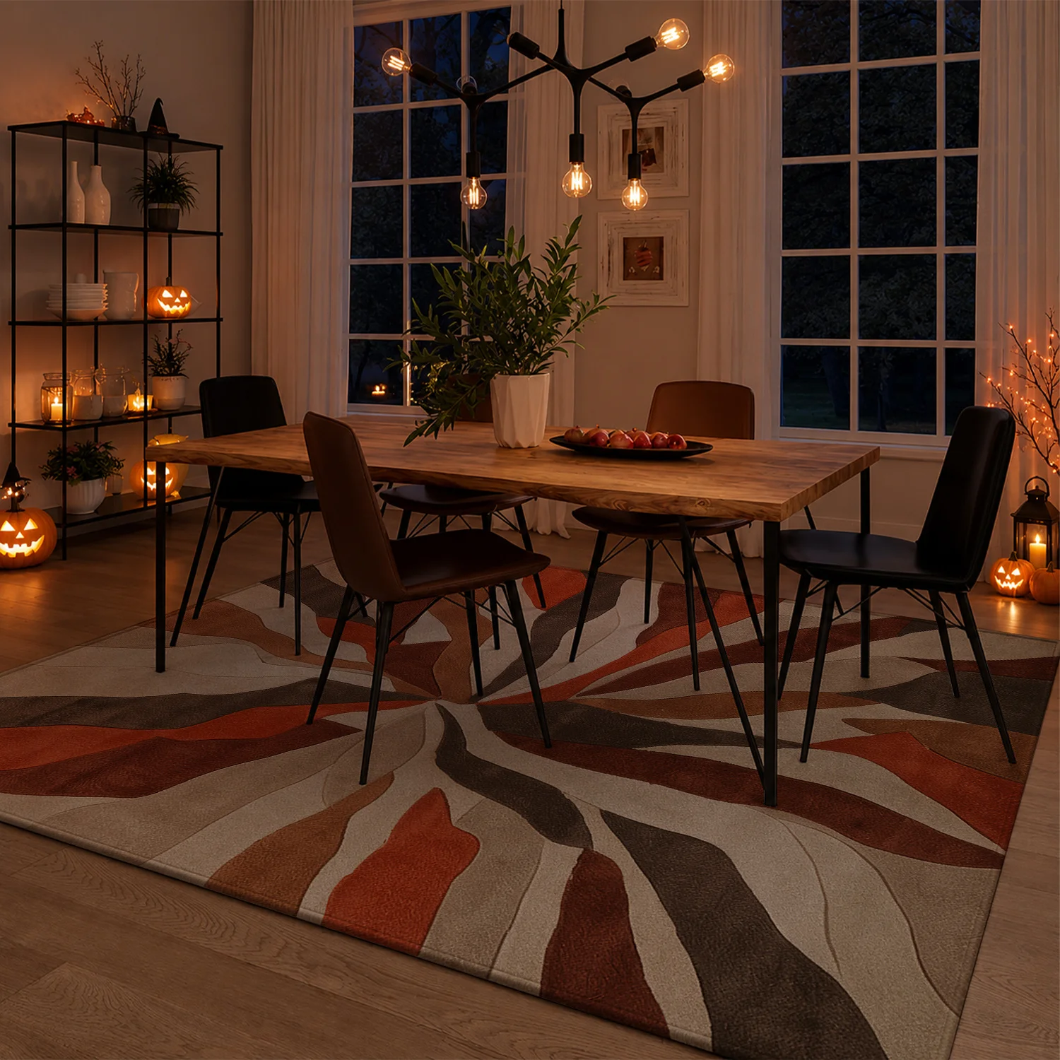 Large Indoor Area Rug, Soft Velvet Low Pile, Non-Slip Dotted Backing & Machine Washable, Abstract Burst Pattern in Terracotta Brown Beige, Great for Living Room Bedroom Entryway, Warm Modern Home Floor Decor