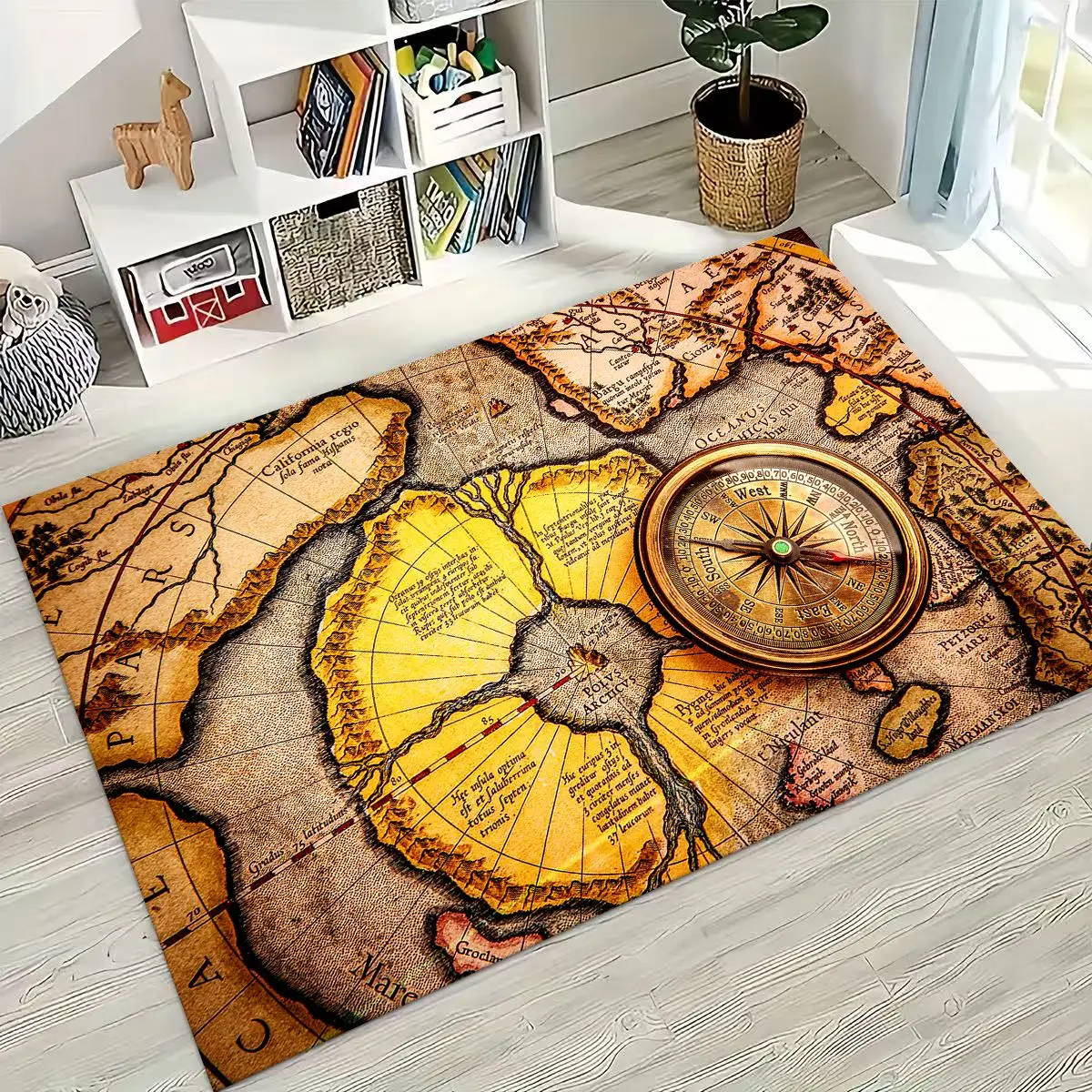 Retro Nautical Map Chart Treasure Map Compass Moto Rug Carpet for Bedroom Living Room Sofa Doormat Decor,Kid Non-slip Floor Mat