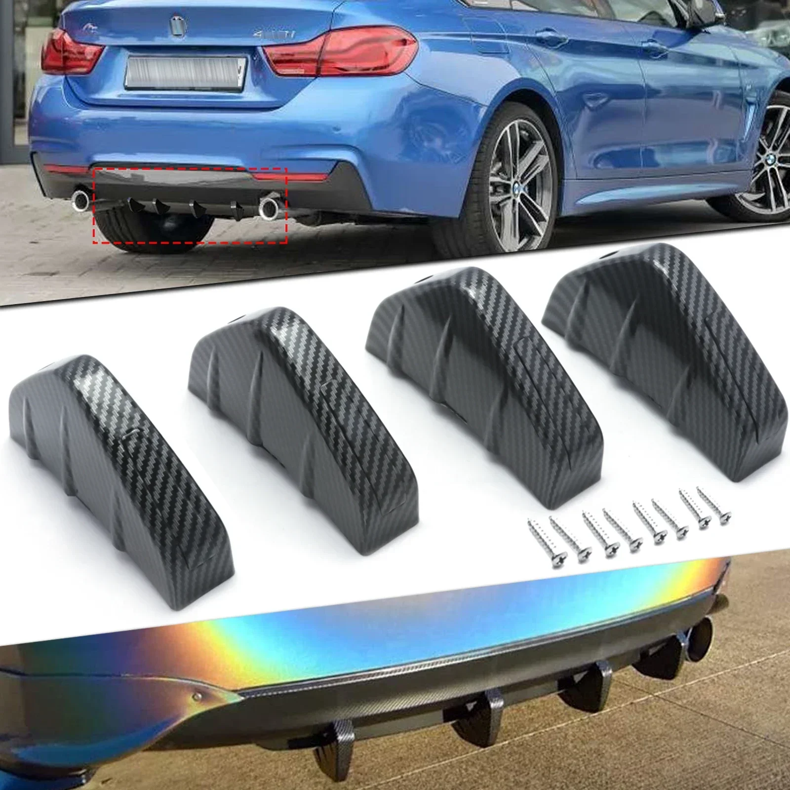 Universal Carbon Fiber Style JDM Racing Rear Bumper Splitter Molding Sharp Fins Diffuser Spoiler Protector Cover Kit Accessories