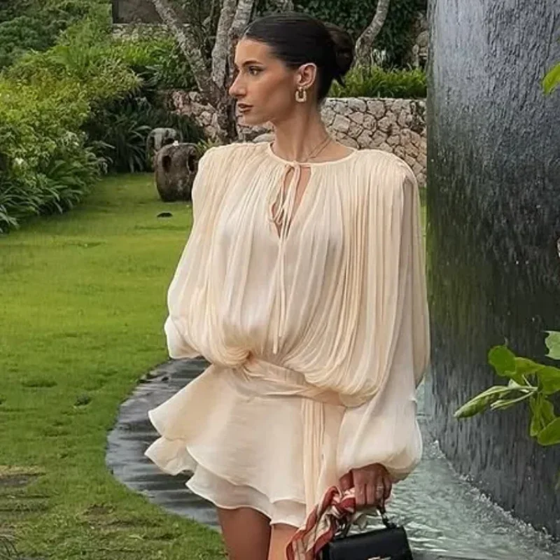 

Lantern Sleeve V Neck Lace Up Dresses Elegant Pleated Short Dress Loose Hollow Out 2025 Summer Fashion Women Clothing Beach Robe