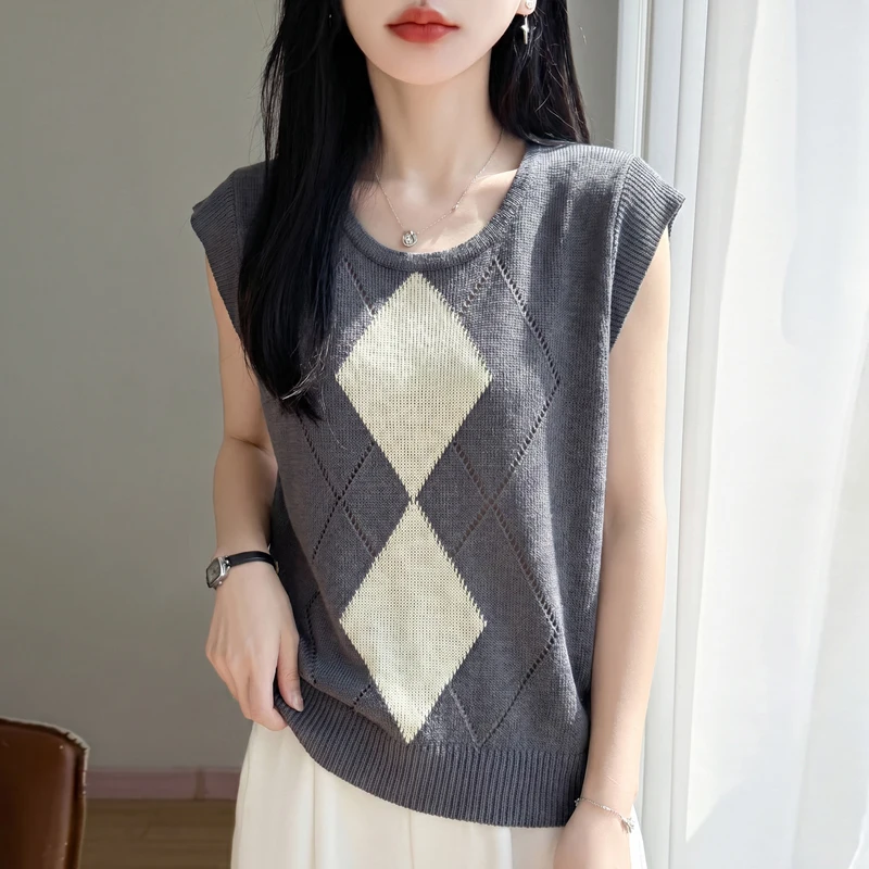 Wind diamond plaid knitted vest women's T-shirt Tencel linen flying sleeves cool bottoming coat