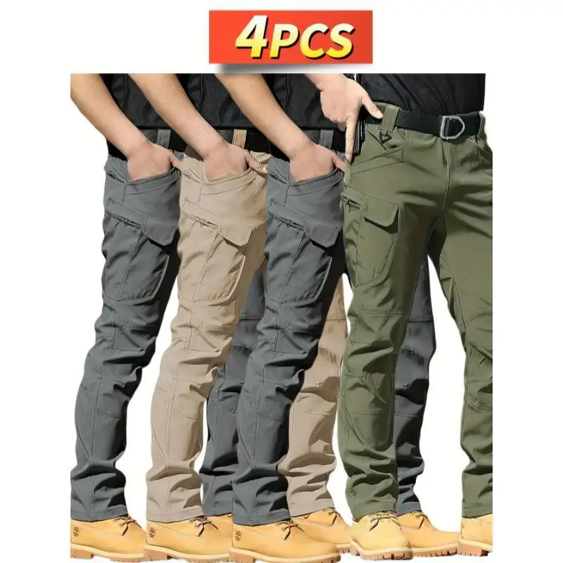 4PCS Men's Slim Fit Tactical Cargo Pants Durable Ripstop Straight Leg Neutral Style for Spring Season Casual Wear