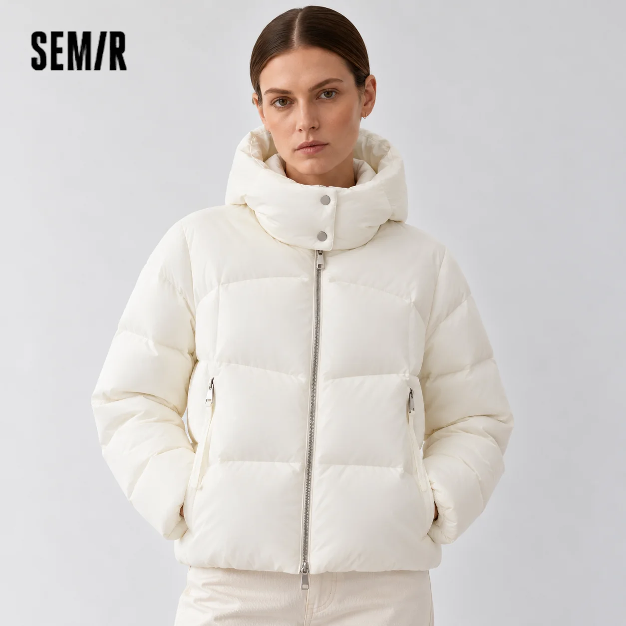 Semir Women Down Jacket 90 Percent Down Fill Hooded Design Loose Fit Mid Length Solid Color Warm Insulation 2026 Winter